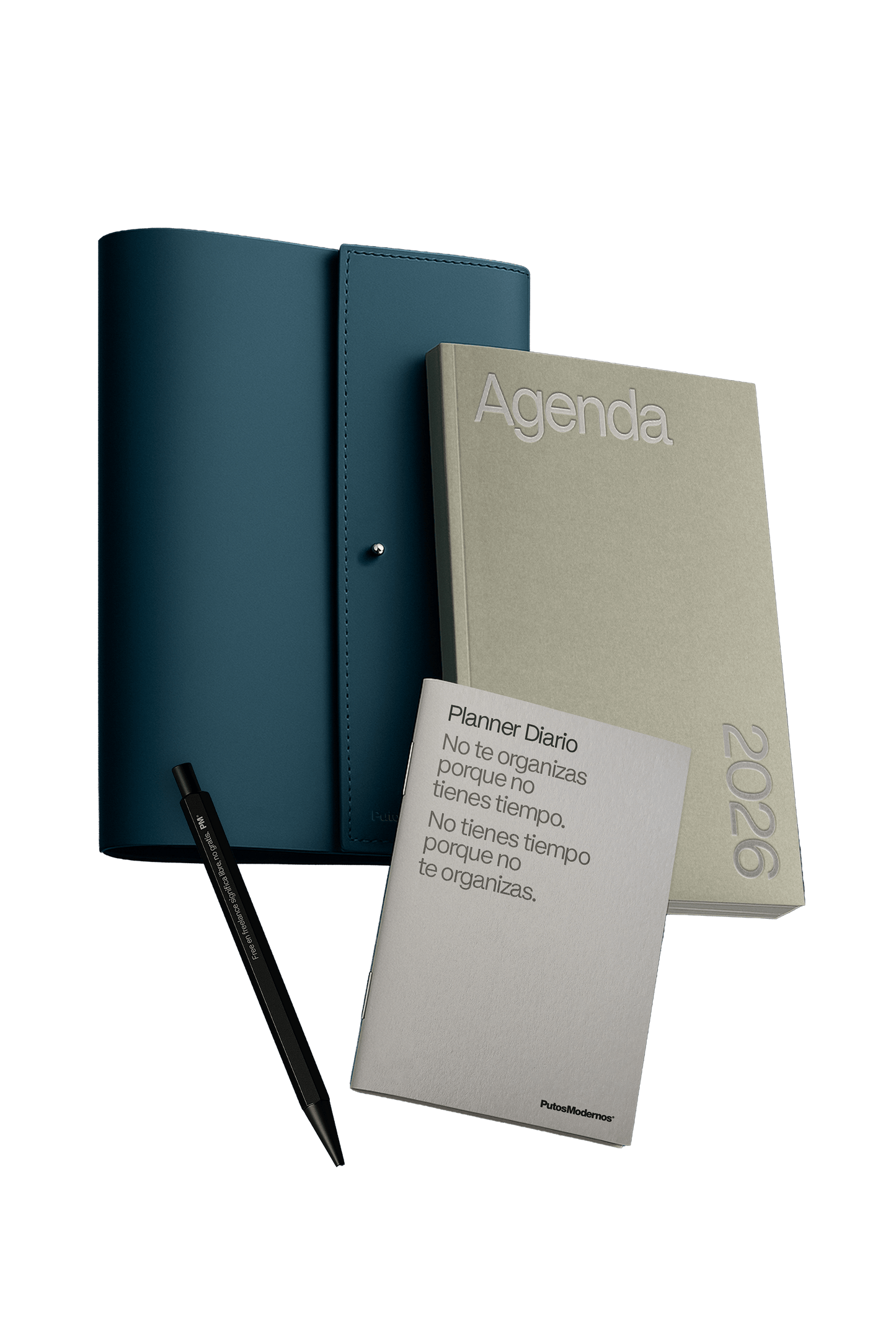 Pack Agenda Gris + Planner Diario + Funda Piel + Boli "Free"